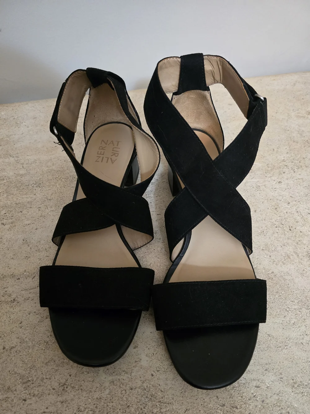 NATURALIZER Black Suede Crisscross Block Heel Sandals - Picture 1 of 5